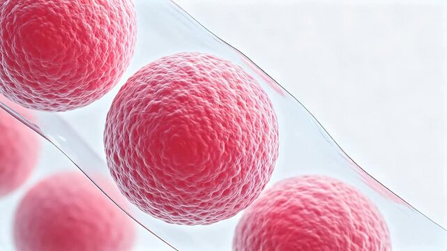 Pink spherical cells in a container