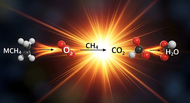 chemical reaction of methane combustion with oxygen producing carbon dioxide and water
