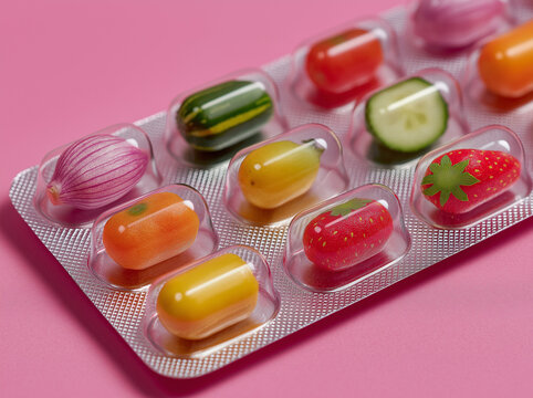 Colorful fruits and vegetables arranged inside transparent capsule packaging on a soft pink background. Surreal healthy food concept blending nutrition and pharmaceutical aesthetics.