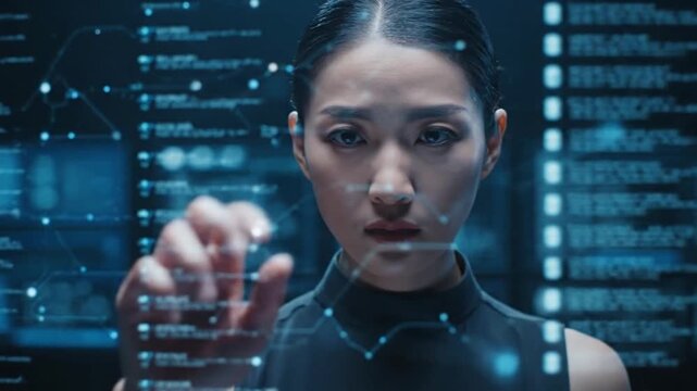 Asian female technology specialist interacts with holographic interface, analyzing data and visual elements in a futuristic digital workspace with glowing graphics