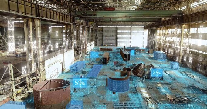 A plant for the production of steel structures or steel bridges. Smart manufacturing plant inside. Shipyard or large metalworking plant. Production site