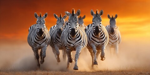 Obraz premium Herd of zebras running through dust at sunset, dramatic African wildlife scene