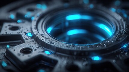 Fototapeta premium Intricate technological design glows with vibrant blue light in this close-up shot.