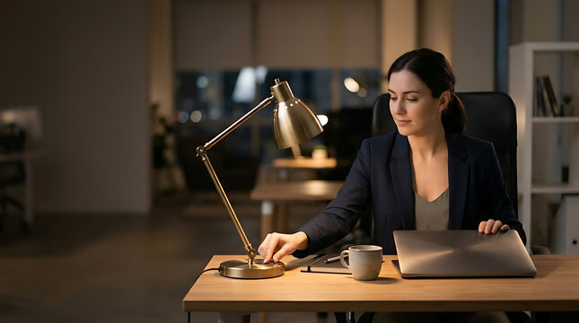 business professional turning off desk lamp after closing laptop with copy space on left clean minimal background for text end of workday transition and burnout recovery concept