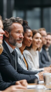 Engaging vertical business meeting scene. Professionals collaborate in modern office. Teamwork inspires creativity and innovation. Quality image supports corporate communication.