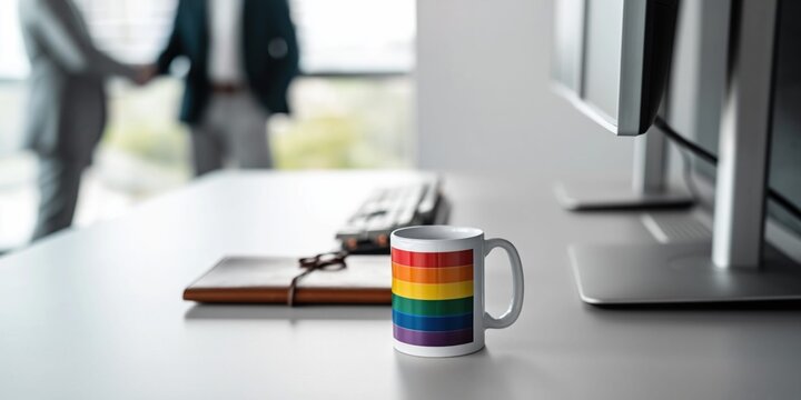 Modern office desk with rainbow mug and blurred business handshake in background