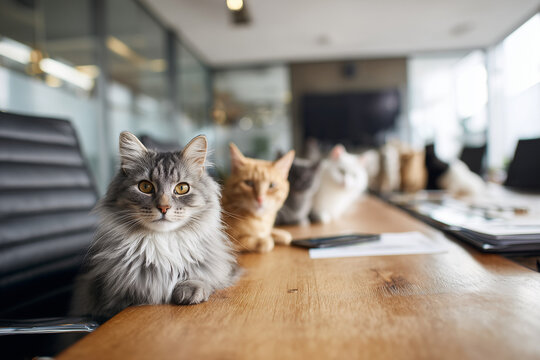 Group of cats sitting on table in office
