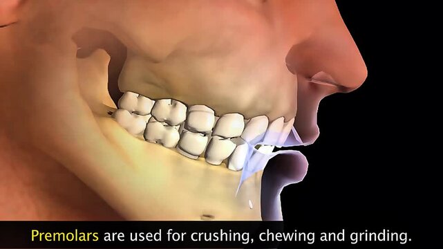 3D animation showing premolar teeth structure and function in chewing and food crushing.