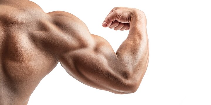 Close-up of a muscular male arm flexing biceps and deltoids