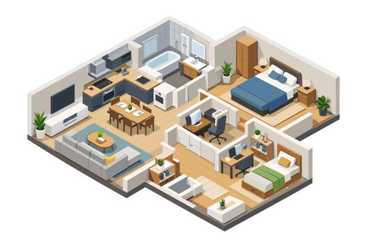 Modern Apartment Interior Layout Floor Plan Vector Isometric Illustration. Detailed House Rooms with Furniture: Living Room, Kitchen, Dining Area, Bathroom, Bedroom, and Home Office Workspace.