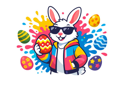 Cool Easter Bunny Character Wearing Sunglasses and Colorful Hoodie Holding a Decorated Egg, Vibrant Vector Illustration with Paint Splashes and Festive Easter Eggs for Spring Holiday Celebration
