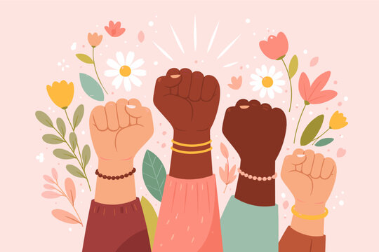 International Women's Day Illustration Featuring Diverse Raised Fists Representing Unity, Strength, and Empowerment for Gender Equality, Decorated with Colorful Flowers on a Soft Pink Background