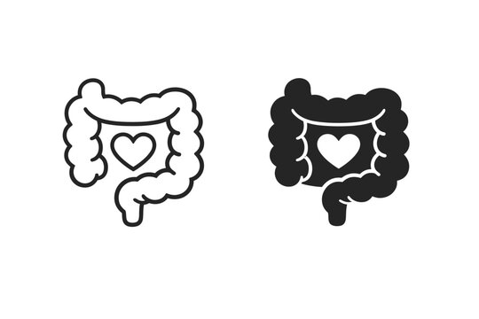 Gut health icon vector set featuring line and glyph styles of human intestine with heart symbol for healthy digestion, probiotics, wellness, medical care, and gastrointestinal system anatomy.