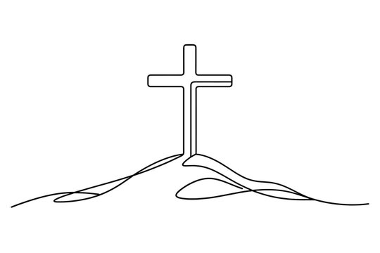 Continuous one line drawing of a Christian cross on a hill, minimalist religious symbol of faith and spirituality. Simple vector art for Easter, church, crucifixion, and Christian devotion.