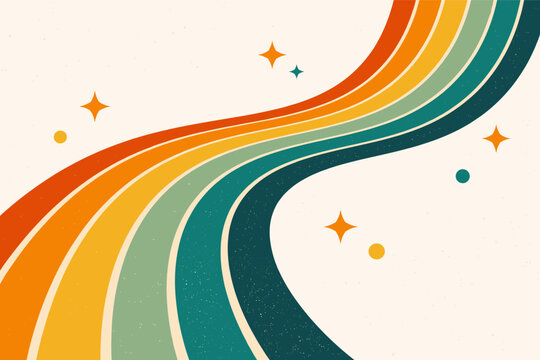 Retro 70s Style Wavy Line Background with Groovy Rainbow Stripes and Stars. Minimalist Flat Vector Illustration with Grainy Texture, Vintage Aesthetic for Posters, Covers, and Creative Design.