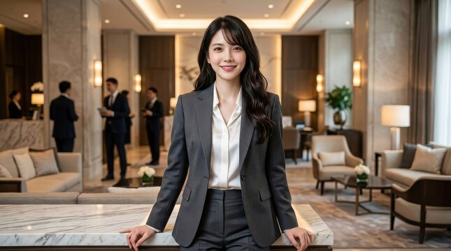 高級ホテルのラウンジに立つ高級スーツの女性コンシェルジュ