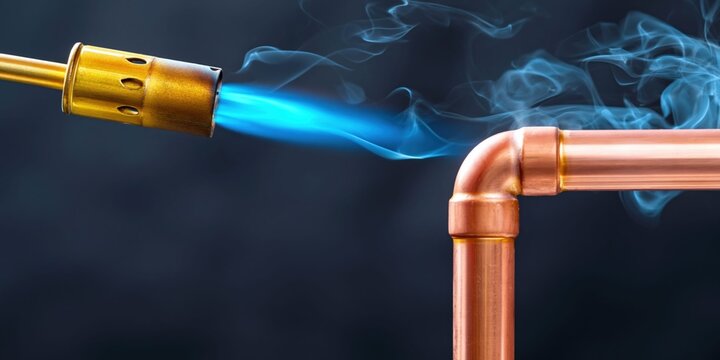 Close-up of a blowtorch heating a copper pipe joint with blue flame and smoke