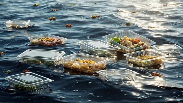 Food containers floating in water