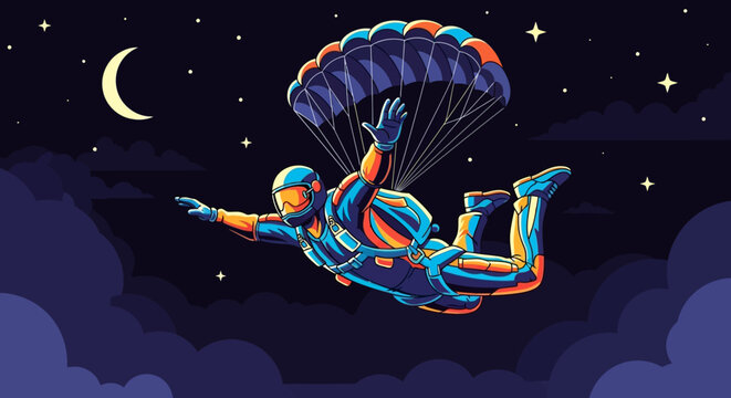 person skydiving at night under stars.