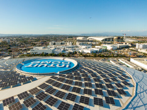 Aerial Drone View of Intuit Dome Solar Roof and Sustainable Energy Grid