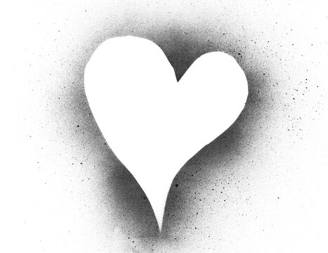 Heart print, grunge black spray stain symbol, icon isolated on white background, clipping path