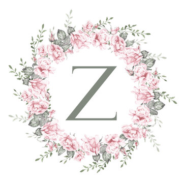 Floral letter Z monogram inside rose wreath, elegant botanical initial for wedding invitations, logos, branding and romantic design projects