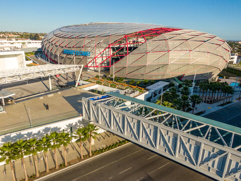 Aerial Drone View of Intuit Dome Gridshell Roof and PTFE Panel Facade in Los Angeles California