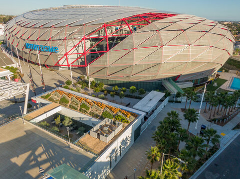 Aerial Drone View of Intuit Dome Gridshell Roof and PTFE Panel Facade in Los Angeles California