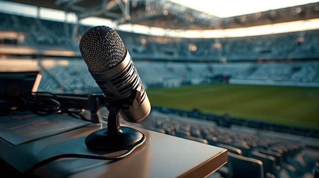 Microphone broadcasting sports commentary from an empty stadium
