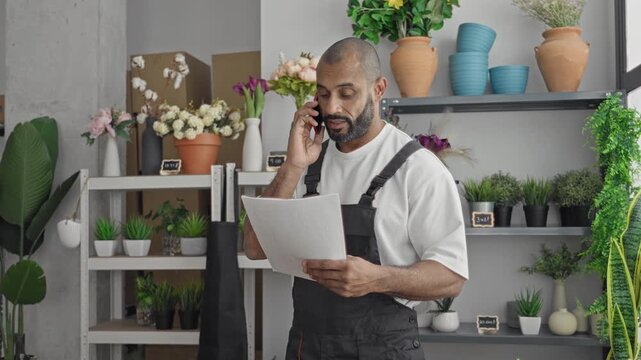 Man florist holds smartphone to ear and reads order papers inside a shop building; focused order management.