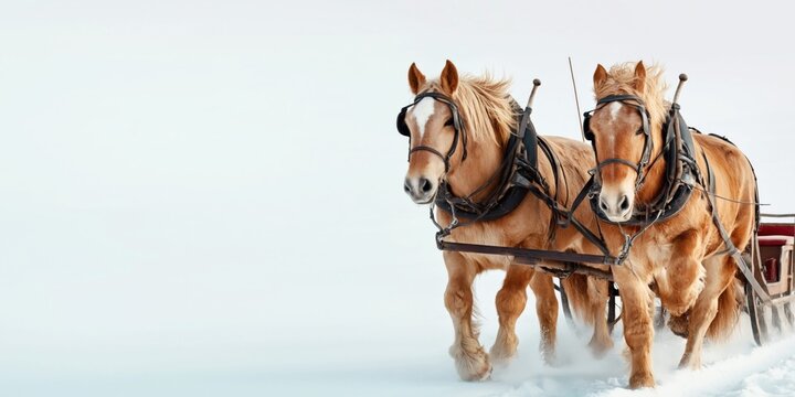 Two powerful horses pulling a sleigh through a snowy winter landscape