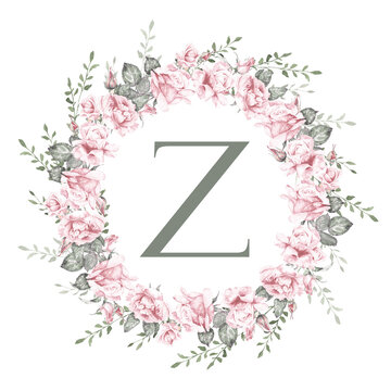 Floral letter Z monogram inside rose wreath, elegant botanical initial for wedding invitations, logos, branding and romantic design projects
