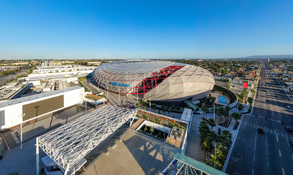 Aerial Drone View of Intuit Dome Outdoor Plaza and Practice Court