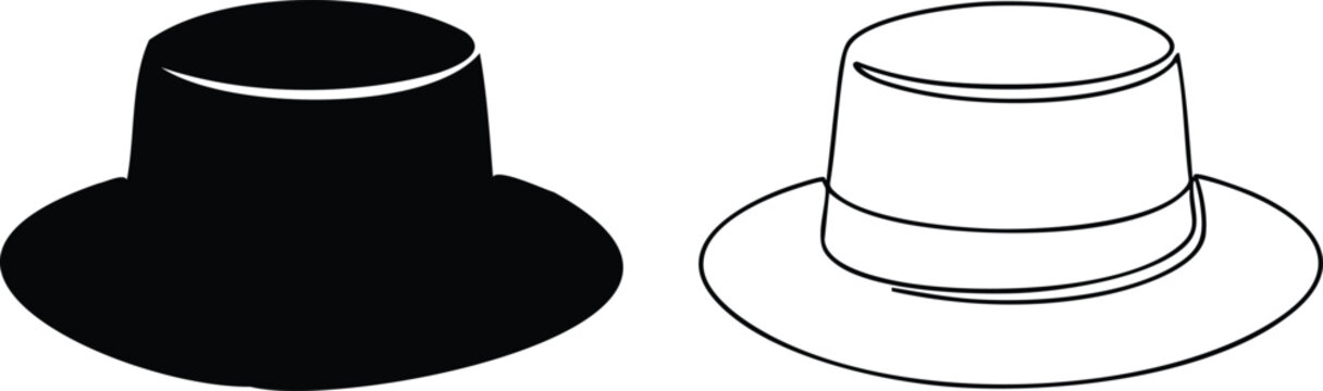 Black and white outline of two fedora hats with wide brims