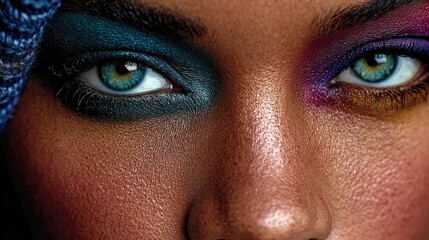Fototapeta premium Close-Up of Vibrant Eye Makeup on Model with Colorful Eyeshadow and Intense Gaze