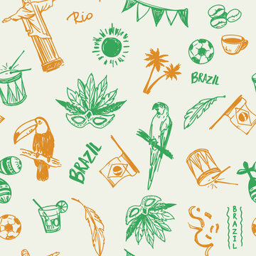 Brazilian objects seamless pattern, Rio de Janeiro, Carnival, Brazilian culture elements , monochrome hand-drawn doodles.