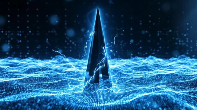 Black Pyramid Rising from Glowing Blue Digital Wave Field with Electric Energy Lightning