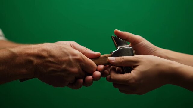 Hands exchanging metal object closeup.