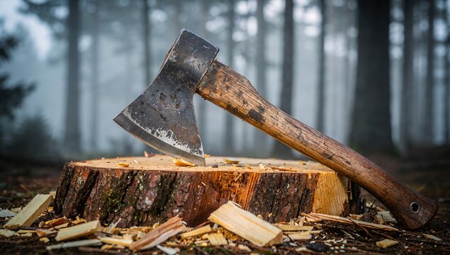 Hand-forged steel axe embedded in a wooden log in a misty pine forest