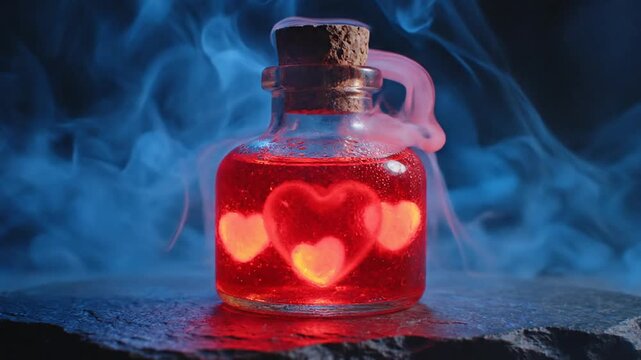 Magic love potion bottle with glowing hearts and blue smoke