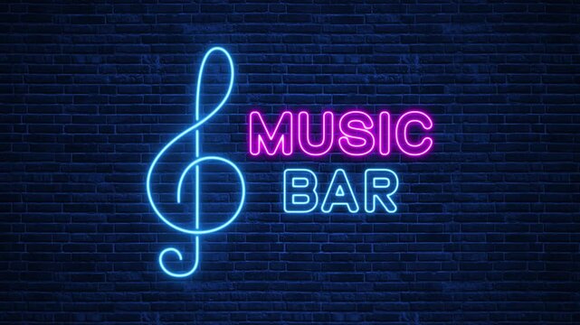 Neon Music Bar Sign with Treble Clef on Brick Wall animation,Glowing Nightclub Logo for DJ Events, Live Music Venues and Party Promotions motion background