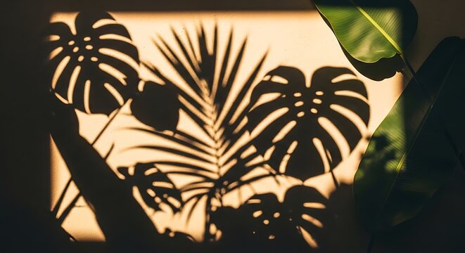 Tropical leaf shadows on wall background.