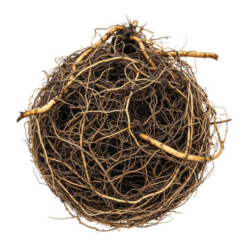 Intricate network of plant roots forming a dense spherical mass.