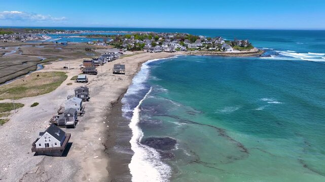 Peggotty Beach and historic waterfront houses aerial view in town of Scituate, Massachusetts MA, USA. 