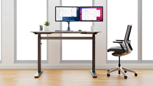 Modern ergonomic office workstation with dual monitors and adjustable desk