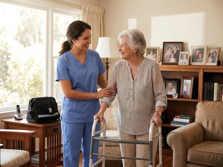 Fototapeta premium A caregiver supports an elderly woman using a walker in a family living room. They smile at each other while surrounded by family photos and comfortable furniture