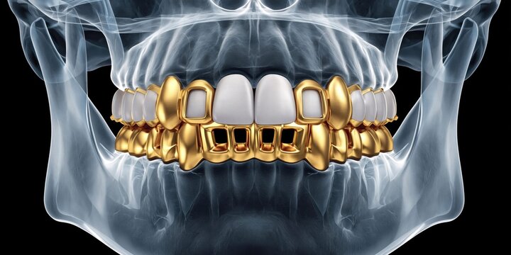 Luxury gold dental grills on white teeth shown in x-ray of human jaw