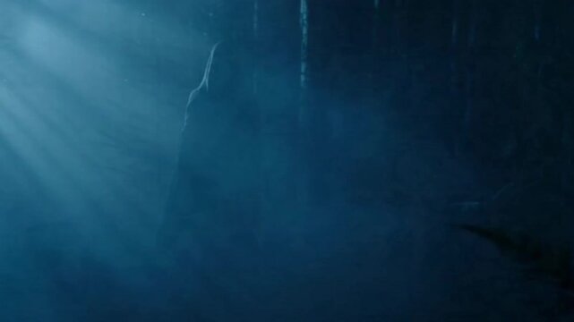 Dark forest scene with mist and illuminated trees, a cloaked figure walking through the fog, creating an eerie atmosphere in a mysterious woodland setting