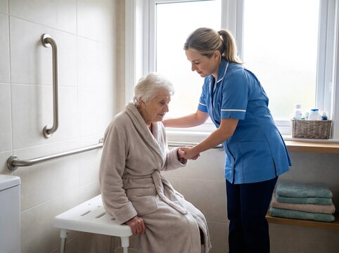A personal care aide helps an elderly woman in a bathroom by holding her hand. The aide offers support while the woman sits on a bench. The scene shows a typical morning routine at home