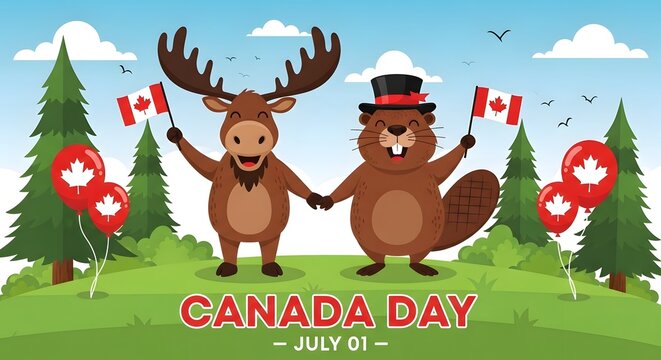 Canada day celebration moose and beaver with flags and balloons